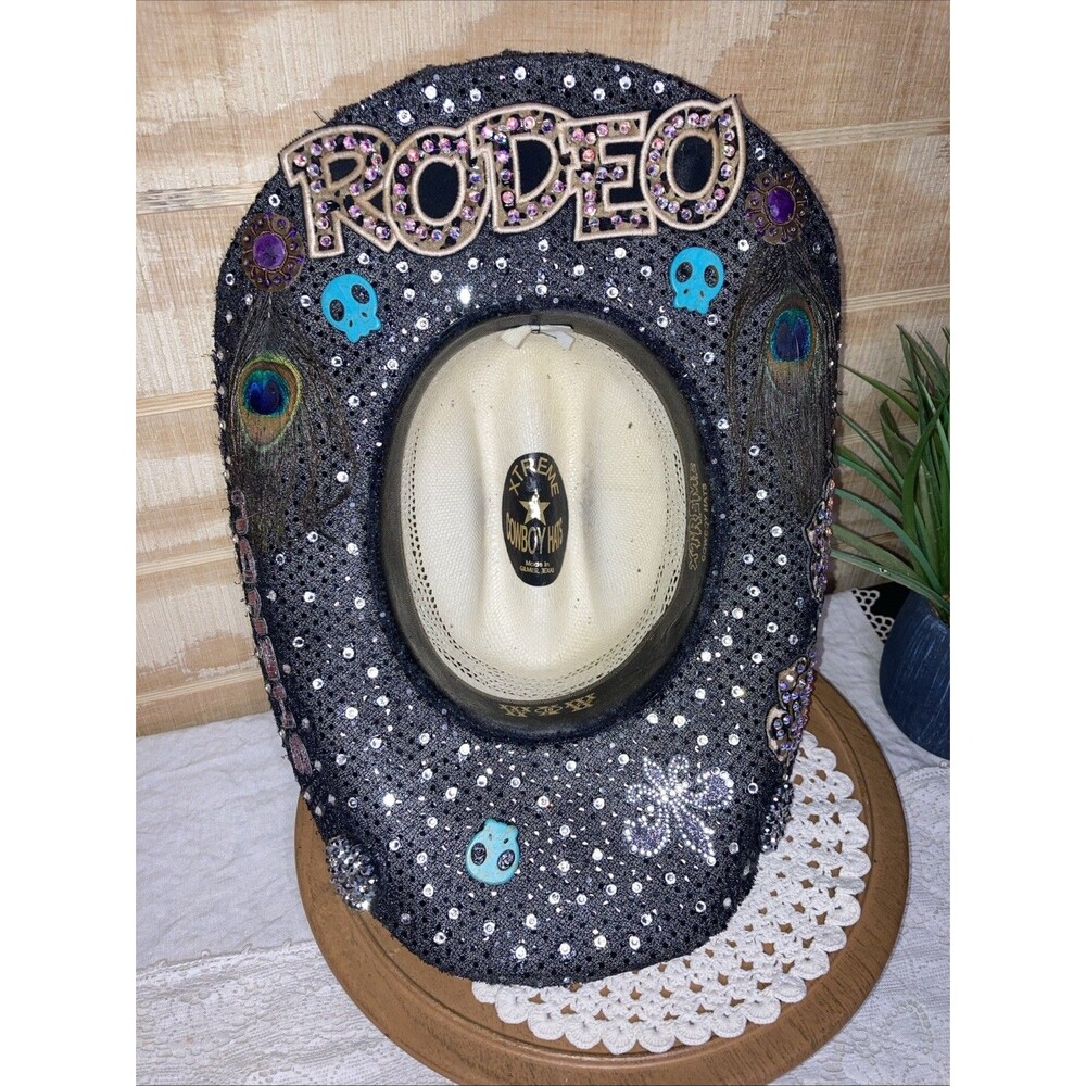 Custom Made Xtreme Straw Cowboy Hat Black Band 6-7/8 Bling Rodeo Feather Skull